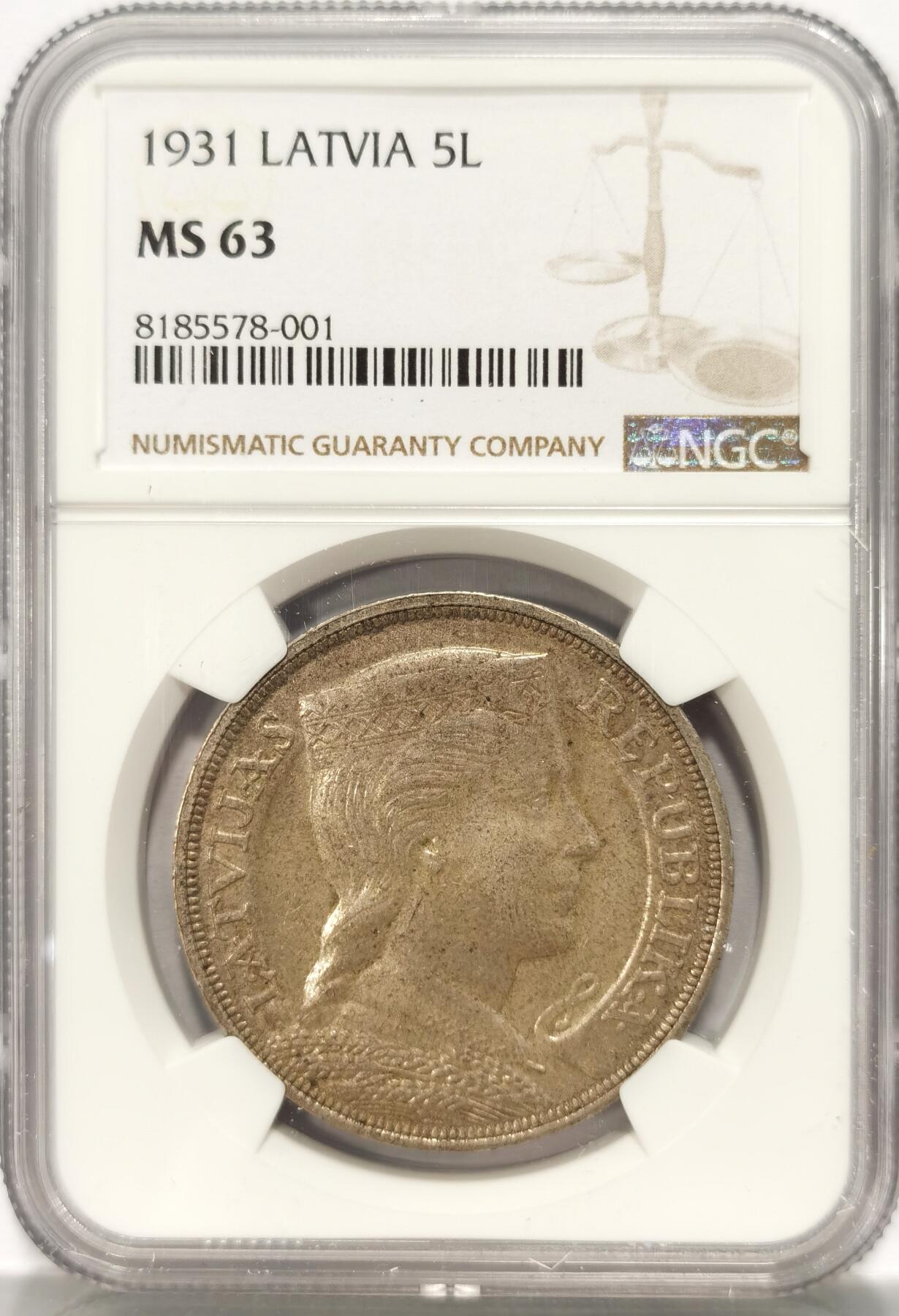 博洋堂“夏光旖旎”7月精品专场暨第085期（全场包邮） NGC MS63 拉脱维亚1931年5拉特，原厂黄油彩，收藏级别
