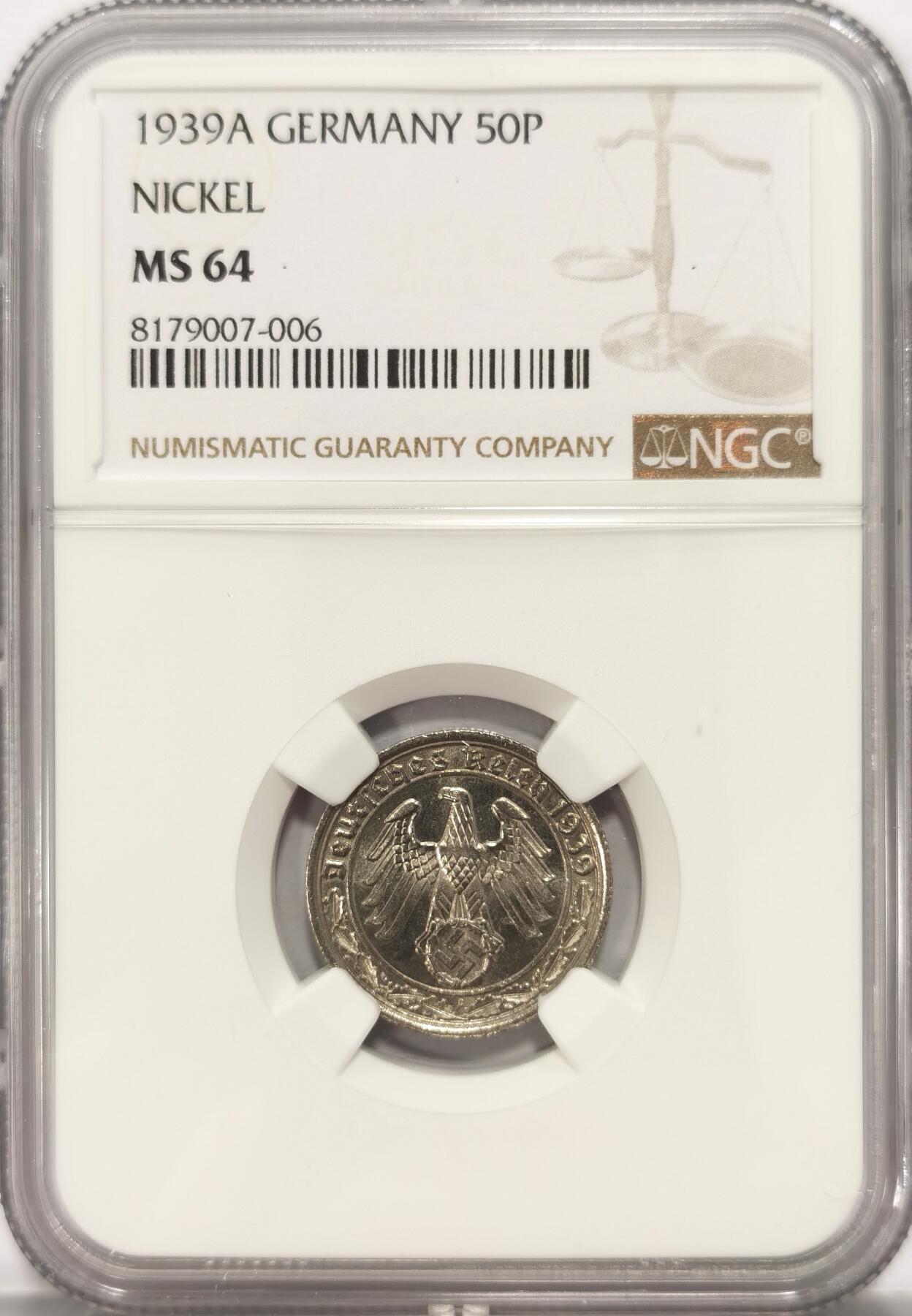 博洋堂“夏光旖旎”7月精品专场暨第085期（全场包邮） NGC MS64 德国1939A版50芬尼坦克币，二战或用于制造著名的虎式、豹式坦克，高分太难得，值得收藏