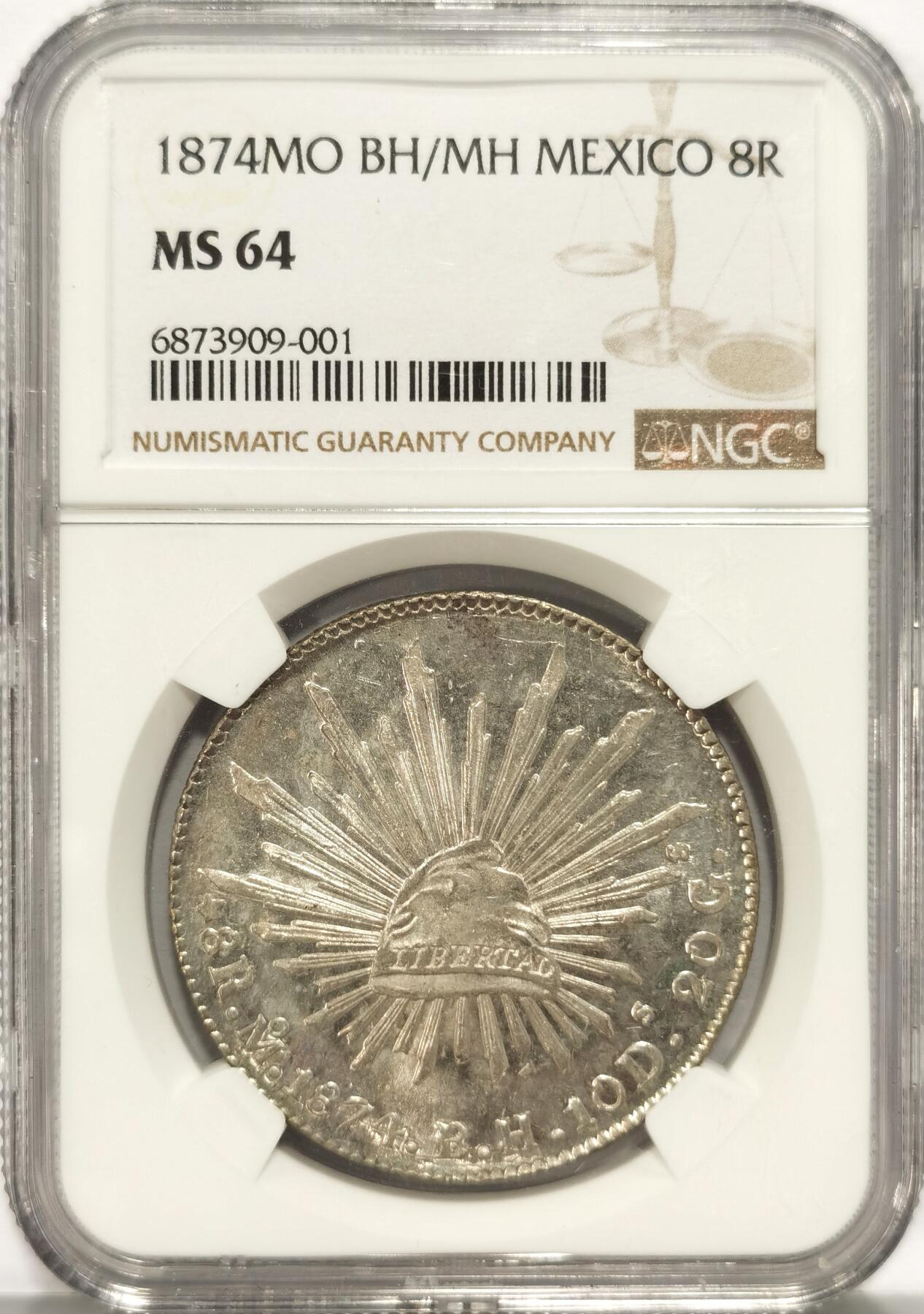 博洋堂“夏光旖旎”7月精品专场暨第085期（全场包邮） NGC MS64 墨西哥1874年MO BH/MH版花边鹰洋，罕见鉴定师骑字版，仅有一枚更高分