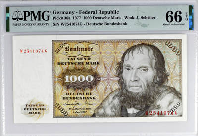 【Blue Auction】✨世界纸币精拍第513期【精】 - 德国 1977年1000马克 经典舍那 雕刻精美 PMG66EPQ 