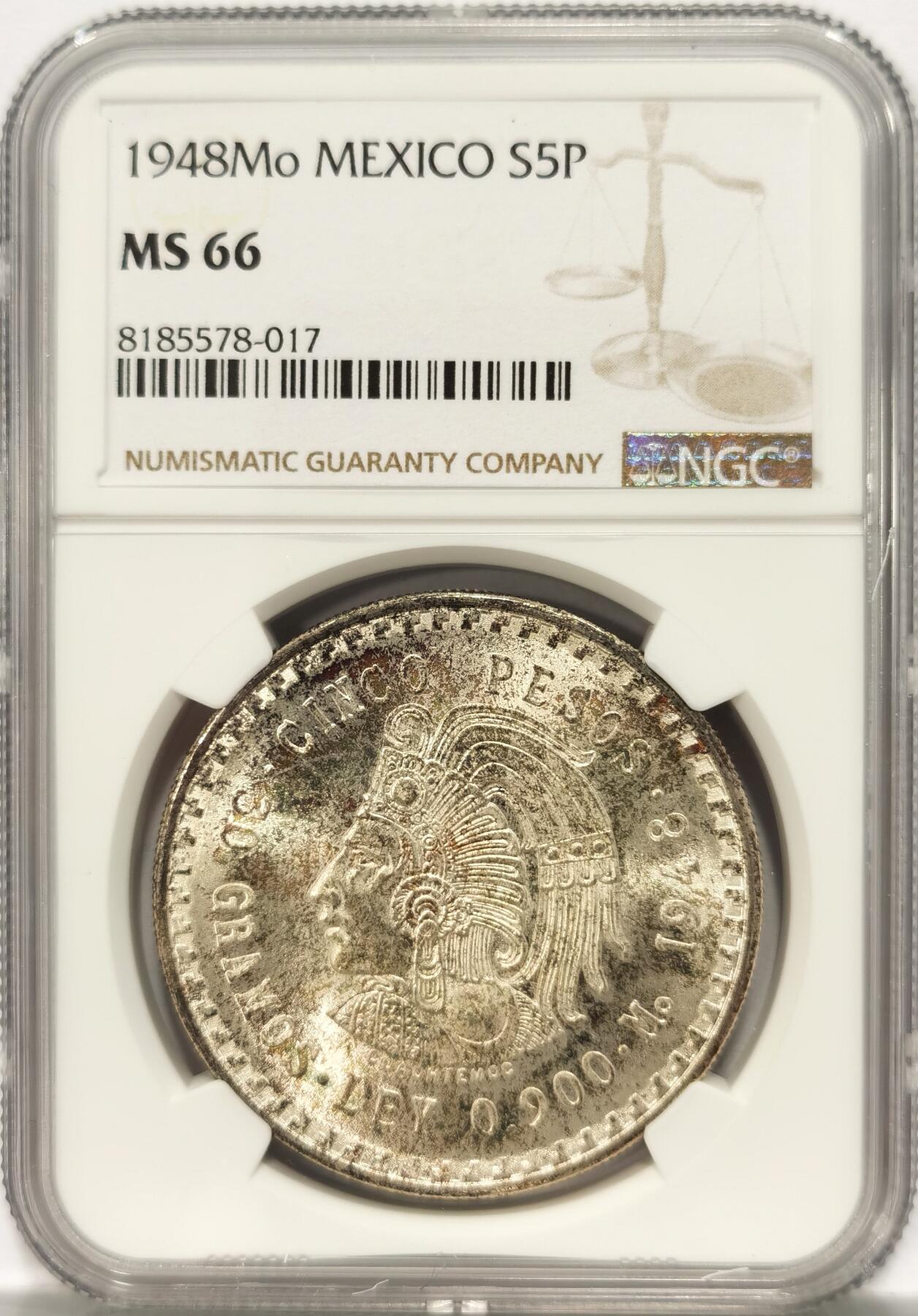博洋堂“夏光旖旎”7月精品专场暨第085期（全场包邮） NGC MS66 墨西哥1948年玛雅人5比索银币，卷拆第二天送评，一卷里唯一一枚五彩币