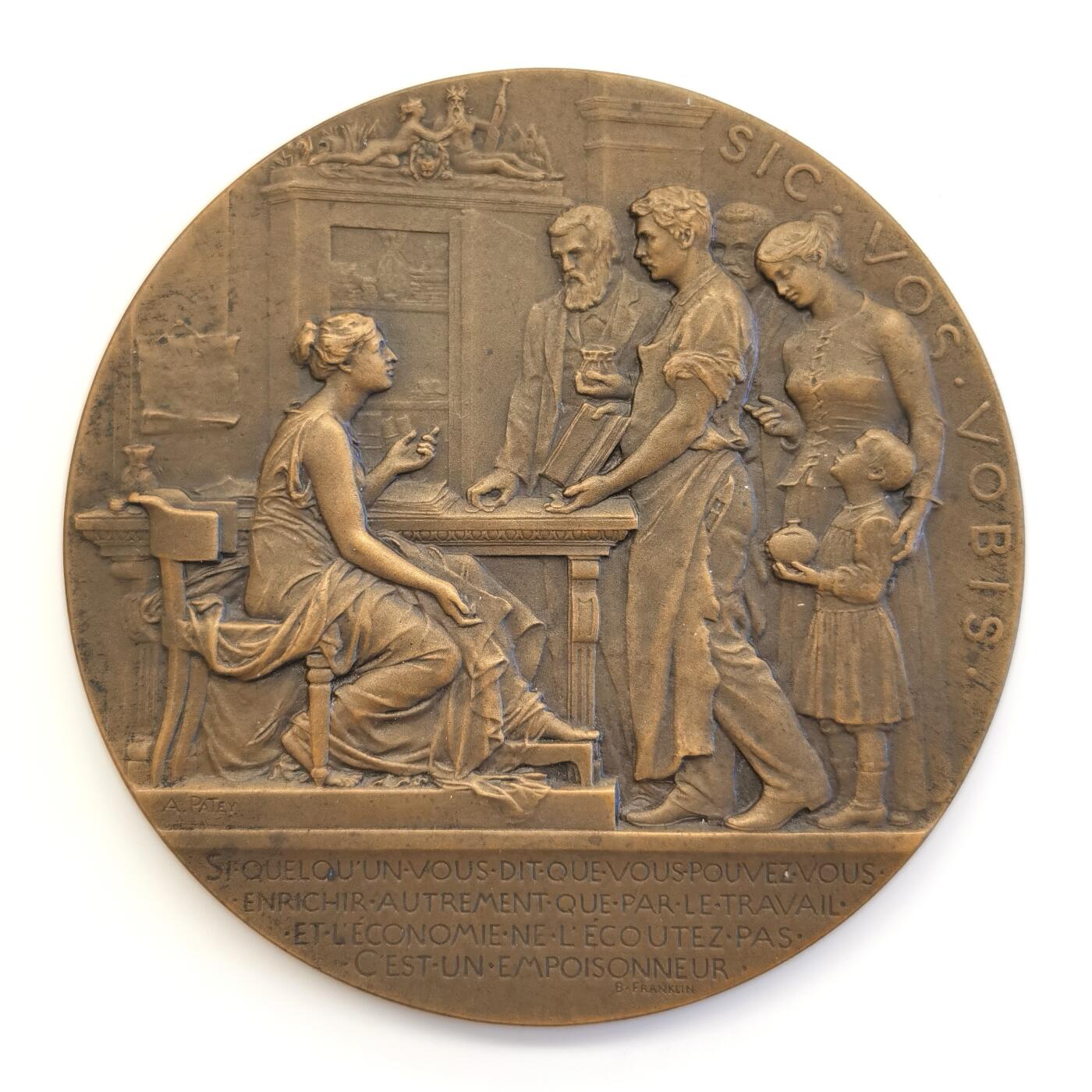 博洋堂“夏光旖旎”7月精品专场暨第085期（全场包邮） 1897年法国储蓄银行铜章（原盒），帕蒂（Patey）作品，直径72mm，156.7g，边铭丰饶角+BRONZE