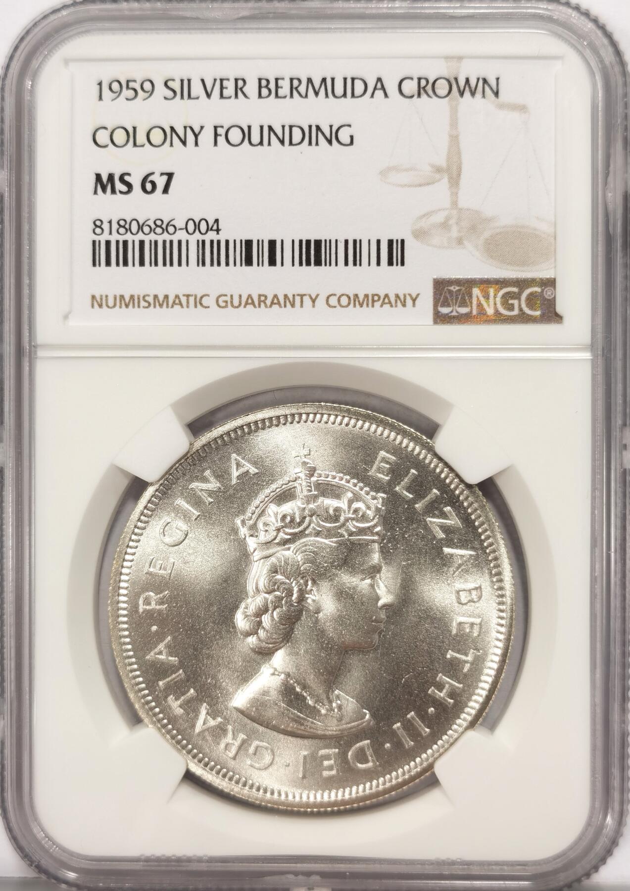 博洋堂“夏光旖旎”7月精品专场暨第085期（全场包邮） NGC MS67 英属百慕大1959年伊丽莎白二世1克朗银币，殖民地发现350周年纪念，巅峰级分数2