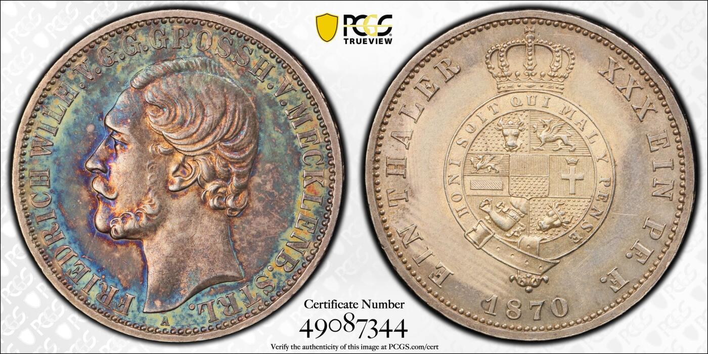 博洋堂“夏光旖旎”7月精品专场暨第085期（全场包邮） PCGS MS62 德国1870年梅克伦堡-施特雷利1泰勒银币，原味重五彩，实物状态极其诱人