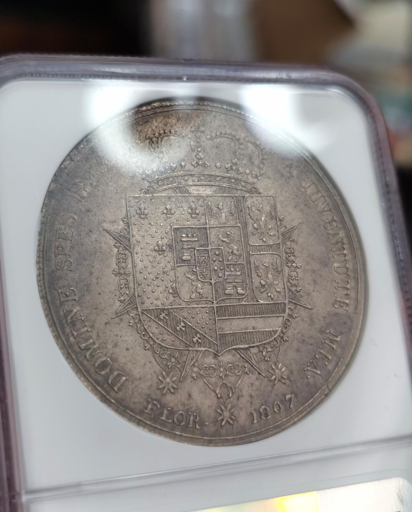 博洋堂“夏光旖旎”7月精品专场暨第085期（全场包邮） NGC AU58 意大利1807托斯卡纳母子10里拉，五彩包浆，一流状态，细节不输MS