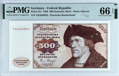【Blue Auction】✨世界纸币精拍第513期【精】 - 【无47】德国 1980年500马克 经典大副 雕刻精美 PMG66EPQ  