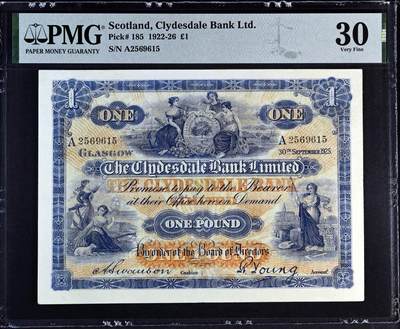 【Blue Auction】✨世界纸币精拍第513期【精】 - 【仅1张更高分 个位数记录 早期大票幅版珍罕】苏格兰 克莱斯戴尔银行 1922-26年1镑 大方块 多个独立场景 美女众多 设计精美 PMG30 