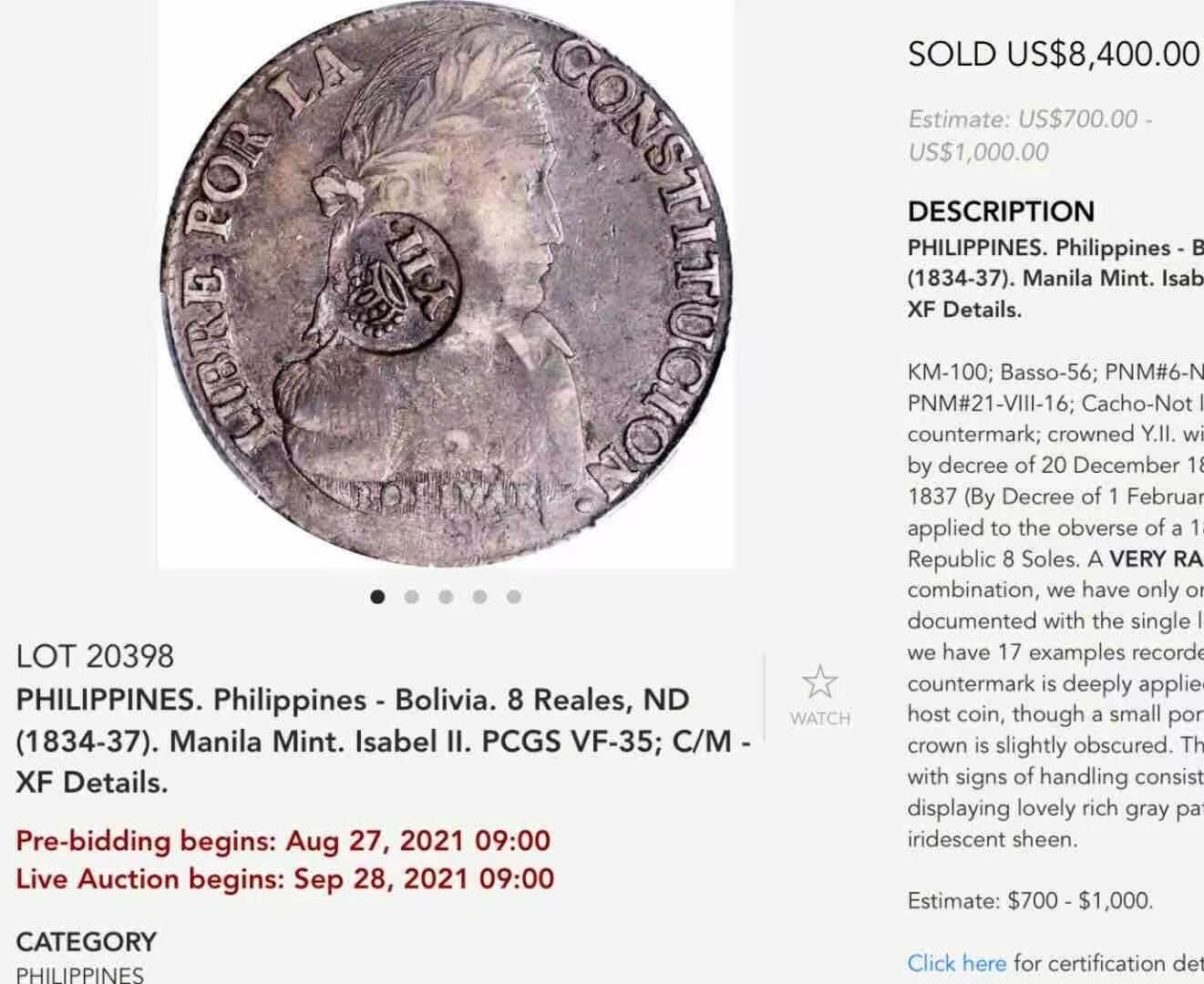 博洋堂“长夏未央”8月精品专场暨第089期（全场包邮） PCGS VF35 西属菲律宾1834-37加盖玻利维亚8里亚尔N\P双料冠军，马尼拉铸币厂，VI型加盖，正反均覆盖着黑色原味五彩包浆。加盖于玻利维亚者已属罕见，1833年更是难得。西属+拉丁美洲+东南亚+冠军分，四大最热概念集于一身。2021年9月SBP同品种35分成交价就已经达到8400美元，近两年西属大涨，此枚相信有望斩获破纪录的价格