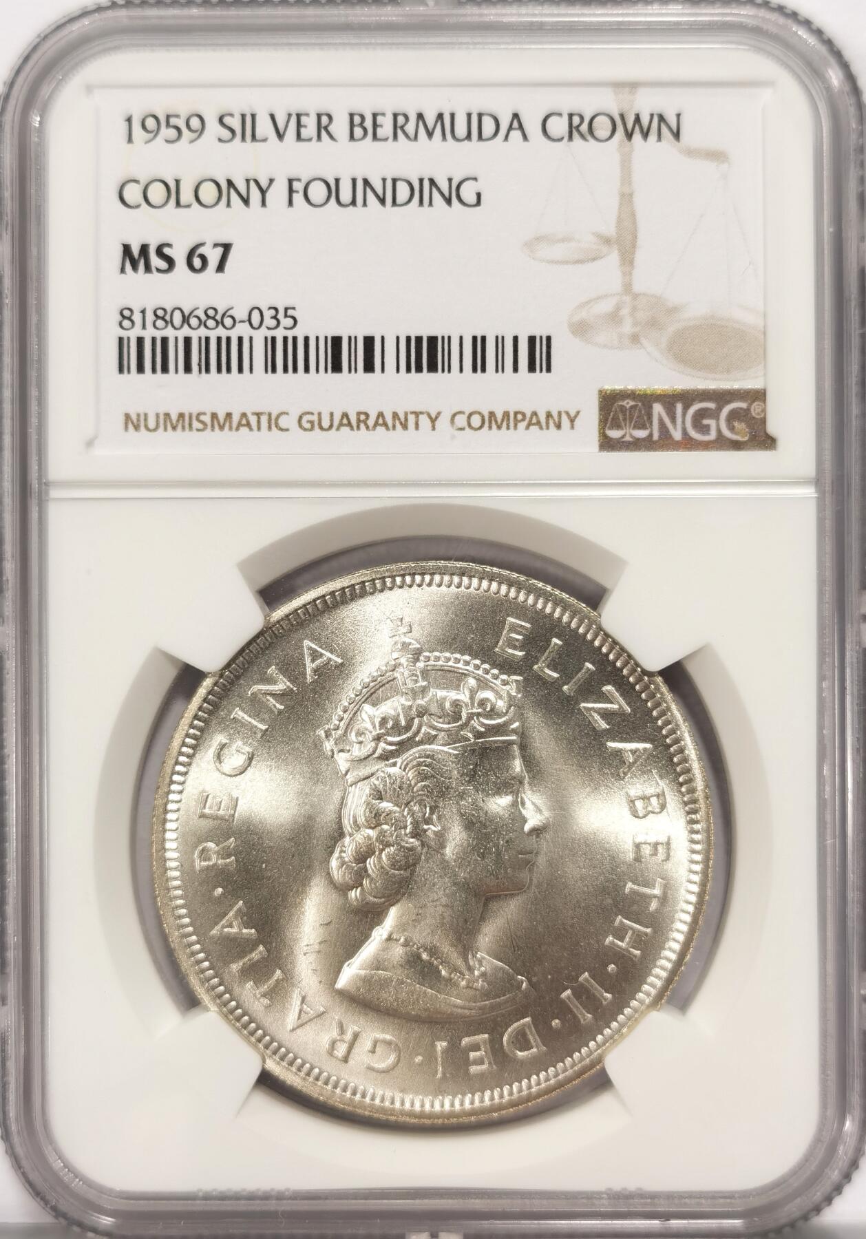 博洋堂“夏光旖旎”7月精品专场暨第085期（全场包邮） NGC MS67 英属百慕大1959年伊丽莎白二世1克朗银币，殖民地发现350周年纪念，巅峰级分数1