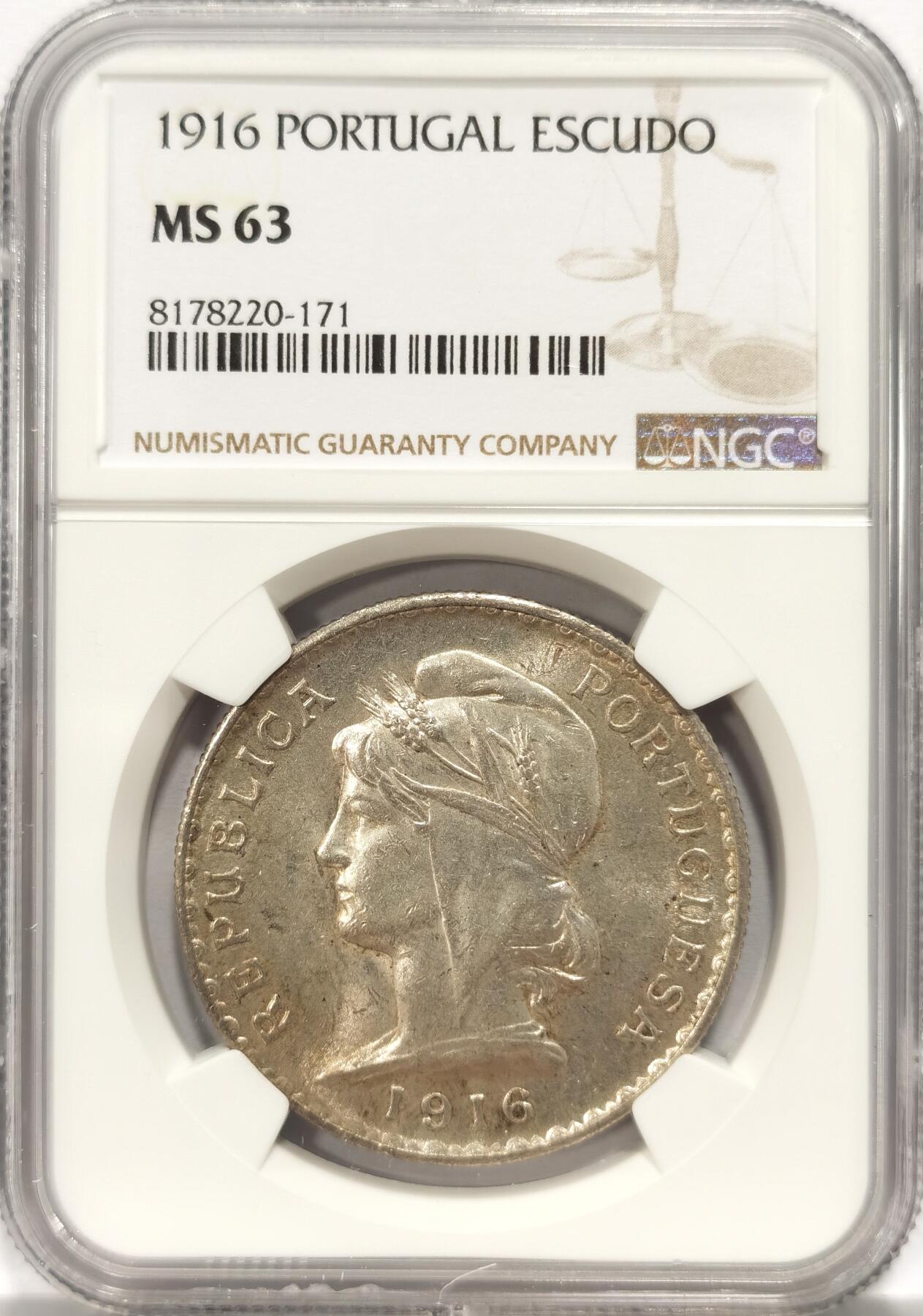 博洋堂“夏光旖旎”7月精品专场暨第085期（全场包邮） NGC MS63 葡萄牙1916年1埃斯库多银币