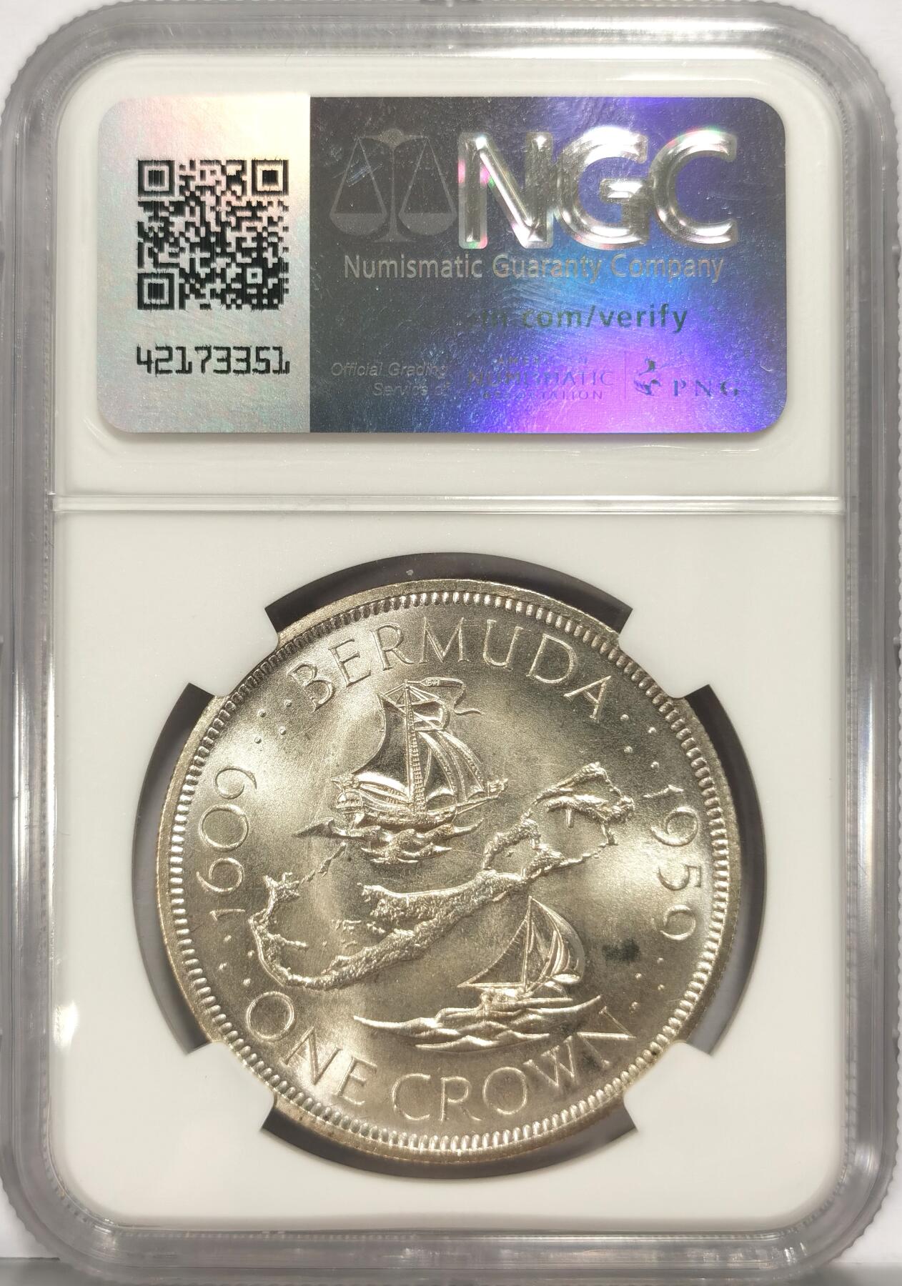 博洋堂“夏光旖旎”7月精品专场暨第085期（全场包邮） NGC MS67 英属百慕大1959年伊丽莎白二世1克朗银币，殖民地发现350周年纪念，巅峰级分数1