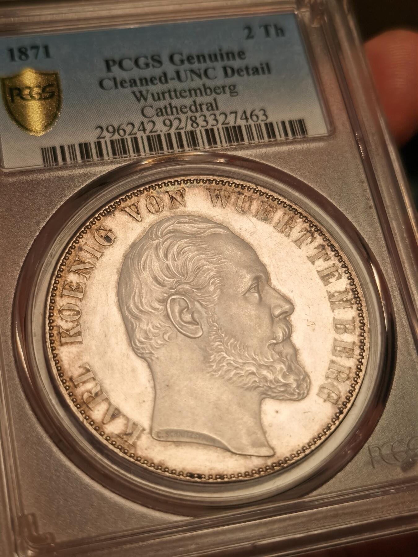 博洋堂“长夏未央”8月精品专场暨第089期（全场包邮） PCGS UNC 1871年符腾堡乌尔姆教堂2T银币，人像和教堂凝霜感非常强，底板镜面感，底板上也看不出来有清洗，砸盒送n有机会出分