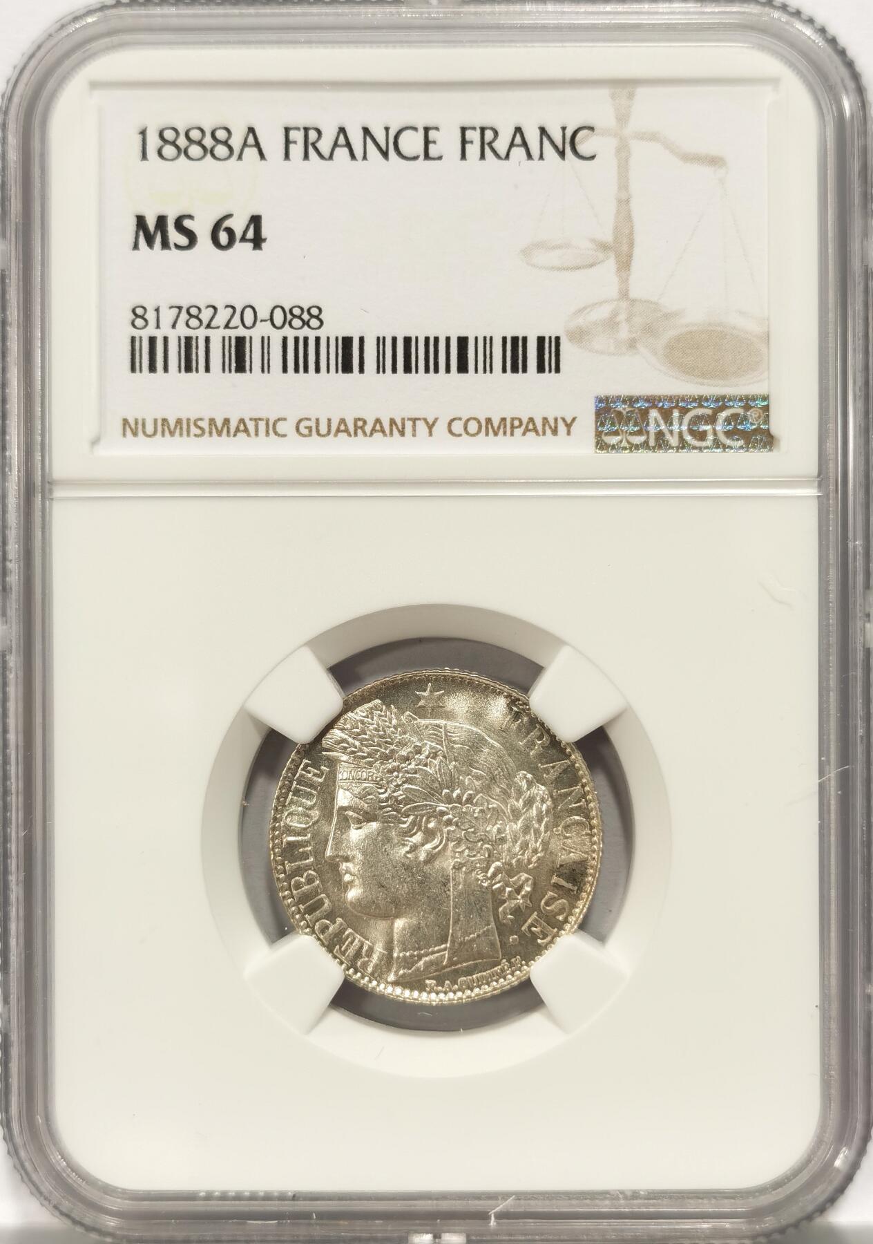 博洋堂“夏光旖旎”7月精品专场暨第085期（全场包邮） NGC MS64 法国1888年谷物女神1法郎银币 高分