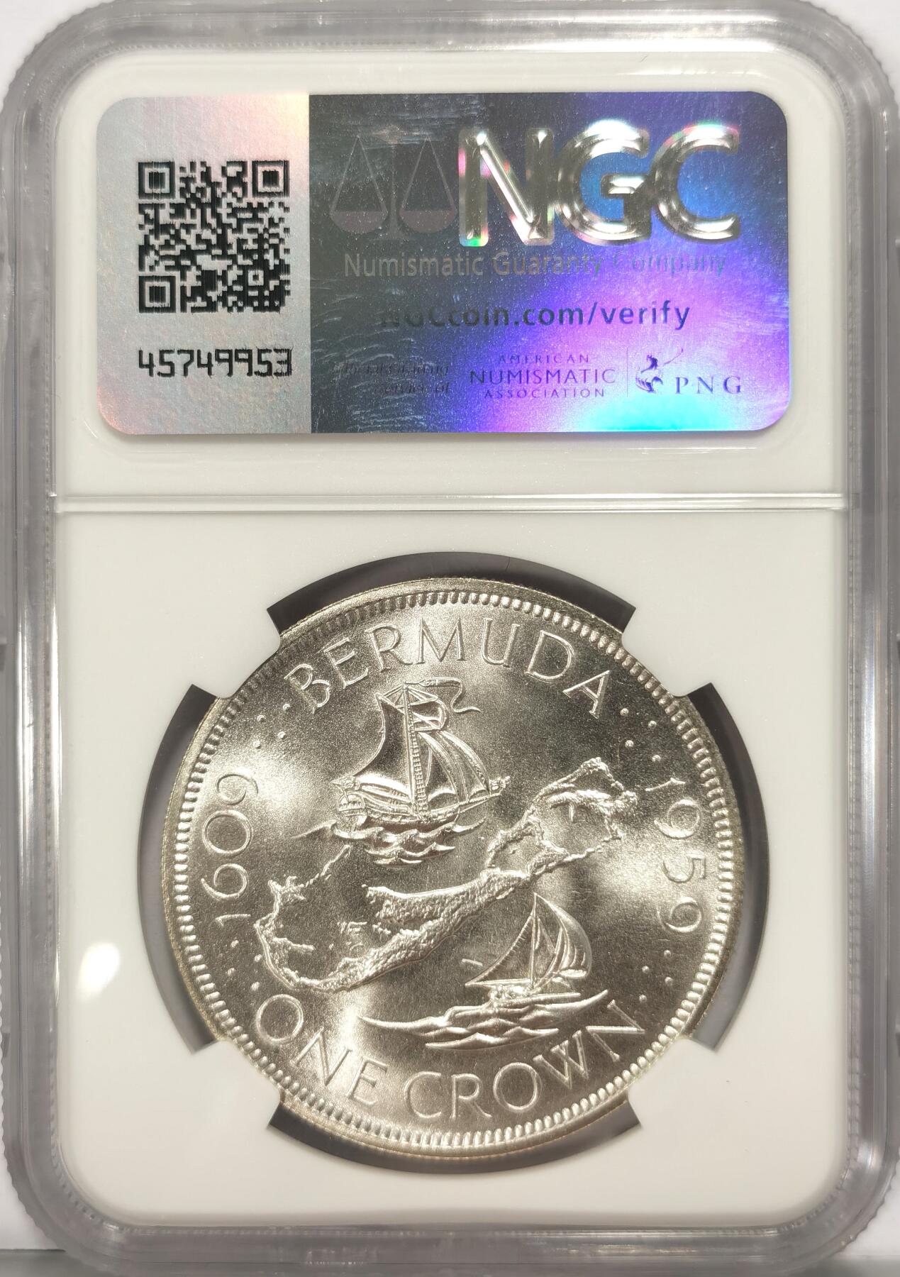 博洋堂“夏光旖旎”7月精品专场暨第085期（全场包邮） NGC MS67 英属百慕大1959年伊丽莎白二世1克朗银币，殖民地发现350周年纪念，巅峰级分数2