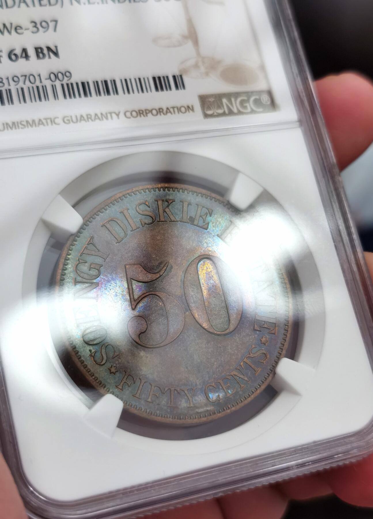 博洋堂“夏光旖旎”7月精品专场暨第085期（全场包邮） NGC PF64BN 荷属东印度群岛苏门答腊种植园50分精制铜代币，NGC亚军分，镜面五彩，潜力品种