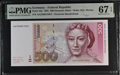 《张总收藏》160期-外币精品百拍周日场 - 德国1991年AA冠500马克PMG67E无4号码不错 德国女画家、自然研究家梅里安 Pick#43a