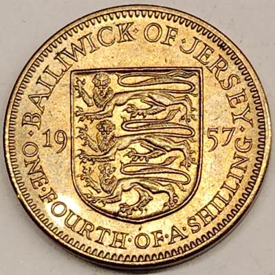 布加迪🐬～世界钱币(上海)🌾第 134 期 /  🇬🇧🇮🇳🇦🇺🇨🇦各国币及散币 - 泽西岛 1957年 1/4先令