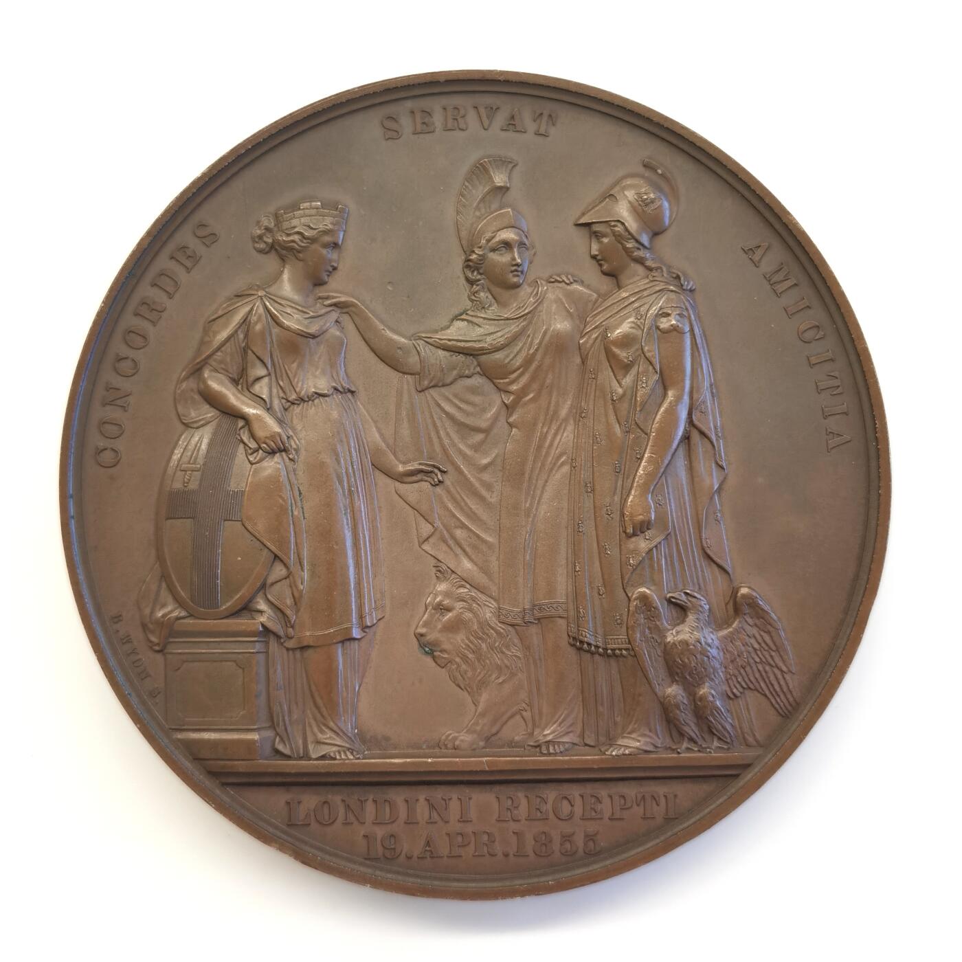 博洋堂“夏光旖旎”7月精品专场暨第085期（全场包邮） 1855 法国拿破仑三世访问英国伦敦 伦敦城著名纪念章 B.WYON为伦敦金融城公司制作的系统铜章之一 76MM大铜章 背后是三女神 刻画细腻