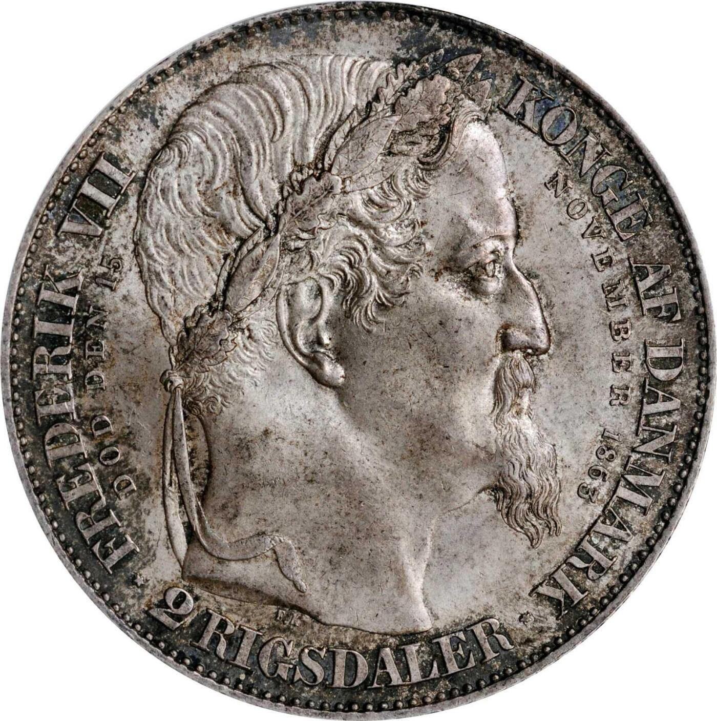 博洋堂“夏光旖旎”7月精品专场暨第085期（全场包邮） NGC MS63 丹麦1863年克里斯蒂安九世加冕之年暨弗雷德里克七世驾崩之年2里克斯达勒银币，原味老盒，高分稀少