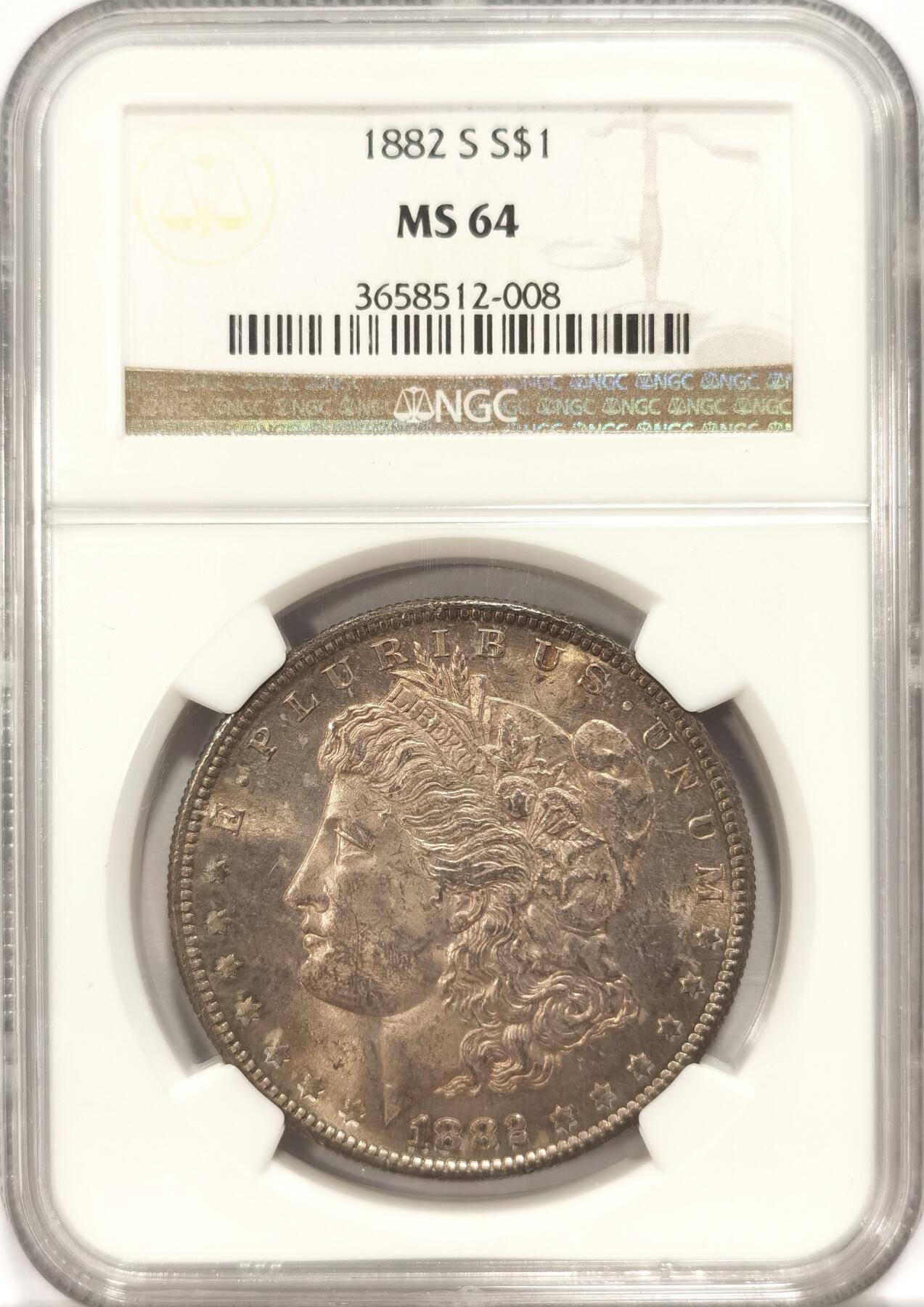 博洋堂“夏光旖旎”7月精品专场暨第085期（全场包邮） NGC MS64 美国1882年S版摩根大银币，诱人香槟色包浆