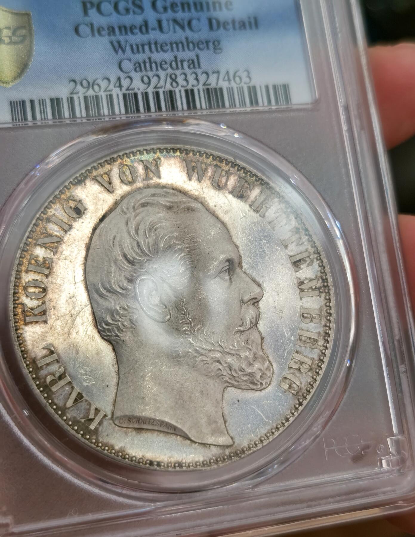 博洋堂“长夏未央”8月精品专场暨第089期（全场包邮） PCGS UNC 1871年符腾堡乌尔姆教堂2T银币，人像和教堂凝霜感非常强，底板镜面感，底板上也看不出来有清洗，砸盒送n有机会出分