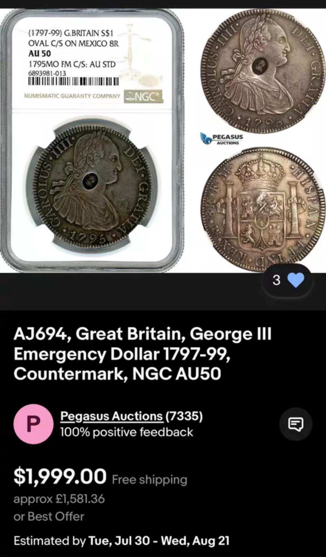 博洋堂“夏光旖旎”7月精品专场暨第085期（全场包邮） NGC AU50 英格兰银行1797加盖秘鲁8里亚尔，英格兰银行加盖币以墨西哥最为常见，秘鲁加盖难得一见，外拍2020年XF40价格破万