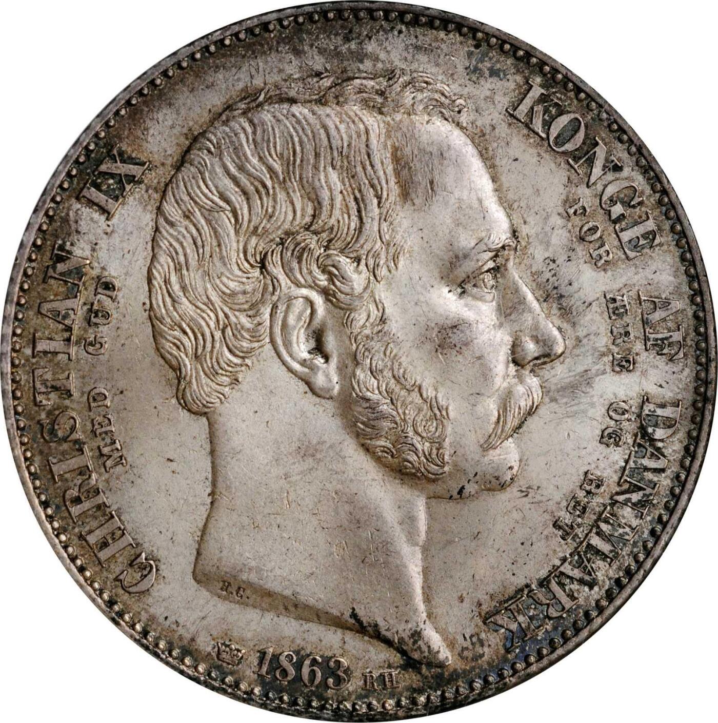 博洋堂“夏光旖旎”7月精品专场暨第085期（全场包邮） NGC MS63 丹麦1863年克里斯蒂安九世加冕之年暨弗雷德里克七世驾崩之年2里克斯达勒银币，原味老盒，高分稀少