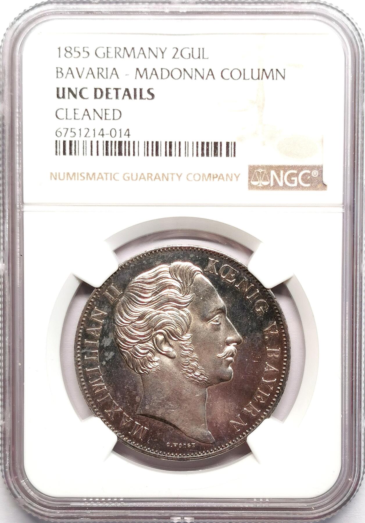 凡希社世界钱币微拍第二百七十八期 1855巴伐利亚圣母柱2古尔登大银NGC-UNCD，实物PL