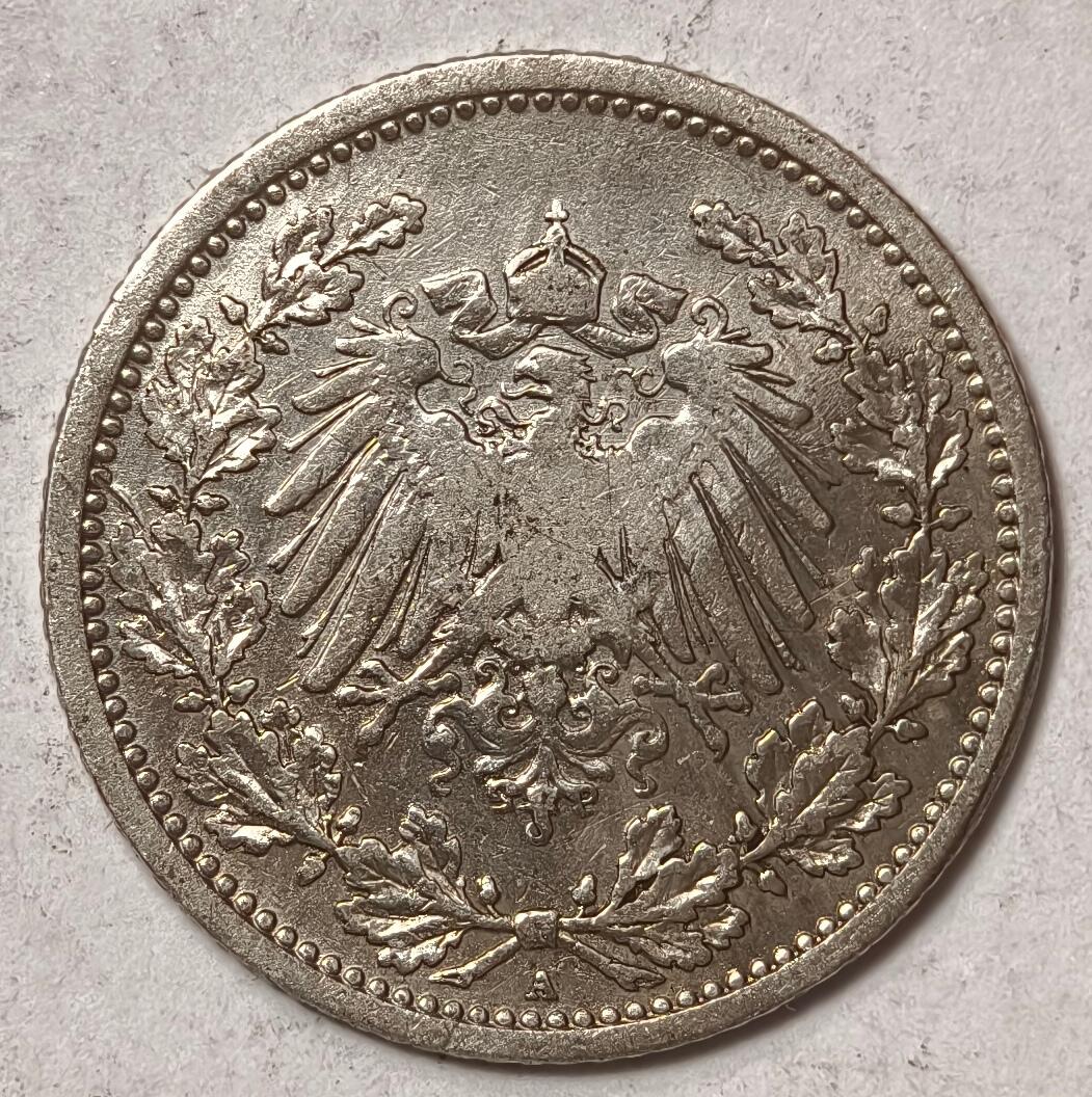 紫瑗钱币——第412期 德国 1905年 A版 第二帝国 1/2马克 银币 2.77克 0.9银 