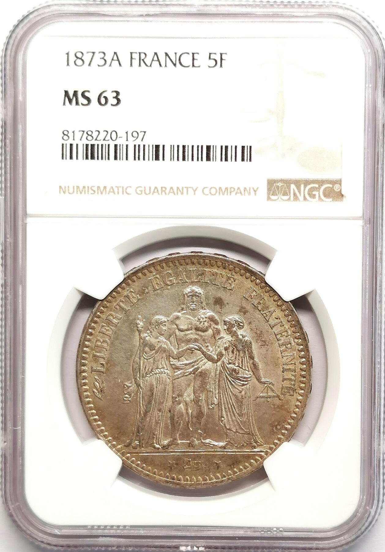 凡希社世界钱币微拍第二百七十八期 1873A法国大力神5法郎NGC-MS63