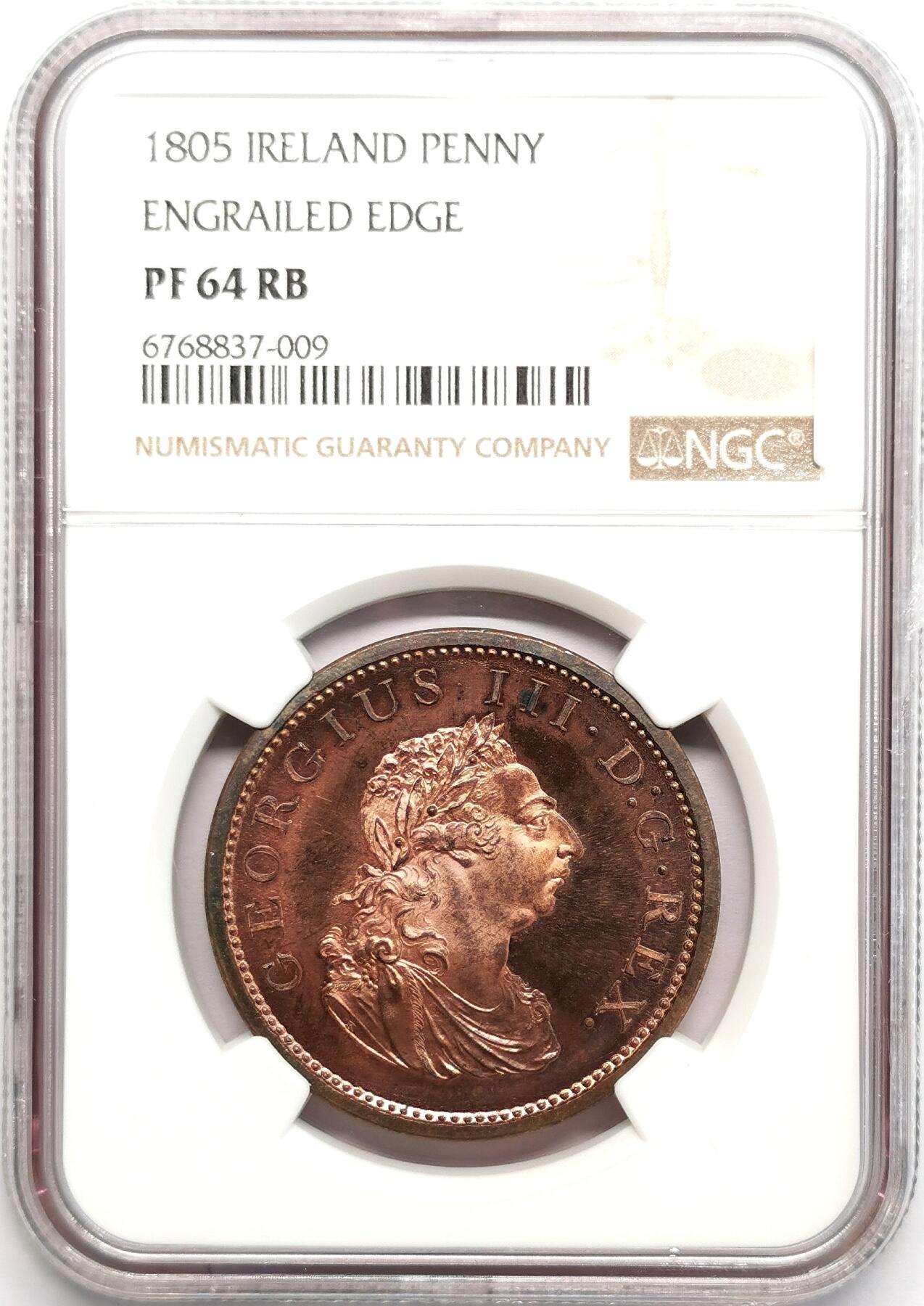 凡希社世界钱币微拍第二百七十八期 荐！1805爱尔兰乔三竖琴便士大铜精铸NGC-PF64RB，SOHO出品，铜光出色！