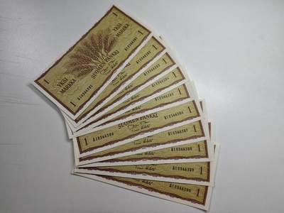 康怡轩钱币【世界纸币专场】第438期  - 芬兰1马克纸币  10连号  A10366381-A10366390