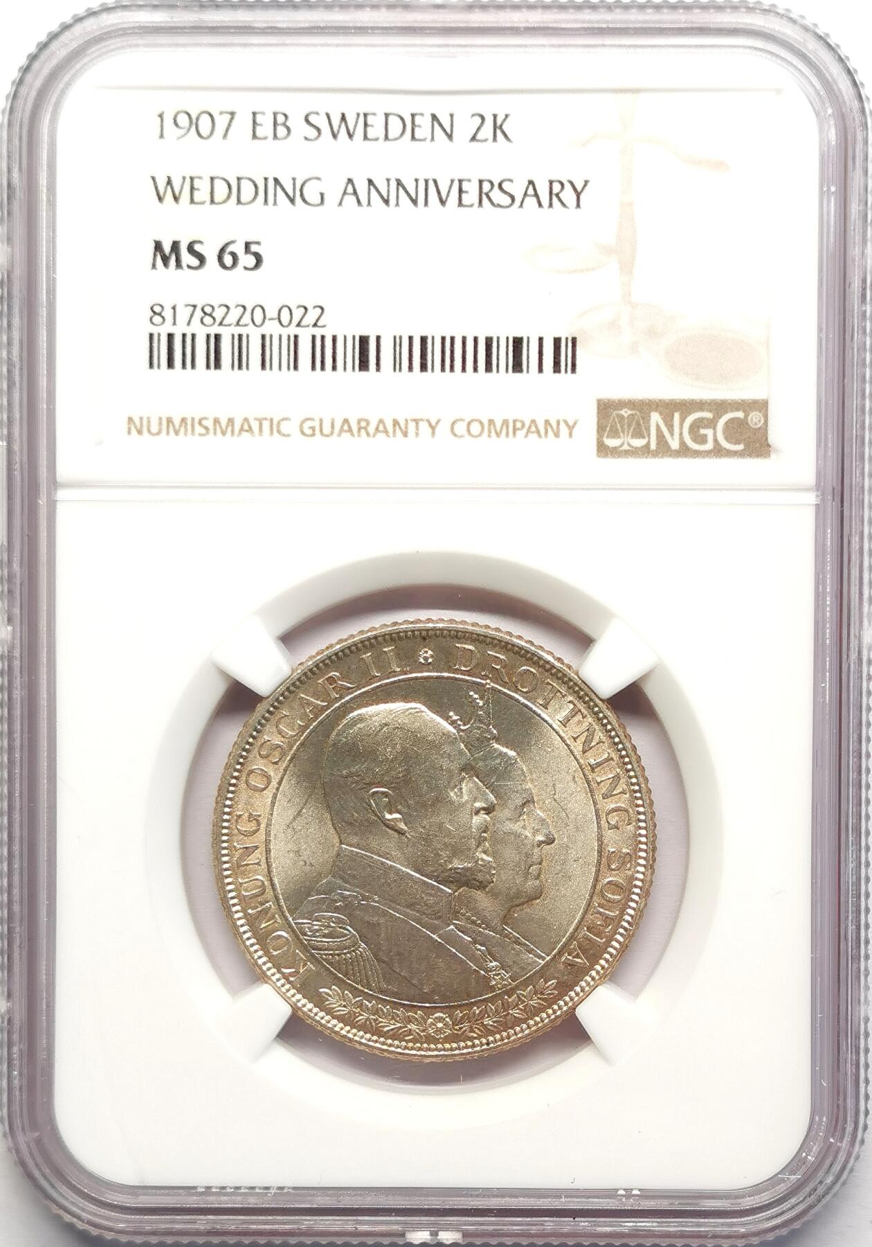 凡希社世界钱币微拍第二百七十八期 1907瑞典金婚纪念2克朗NGC-MS65