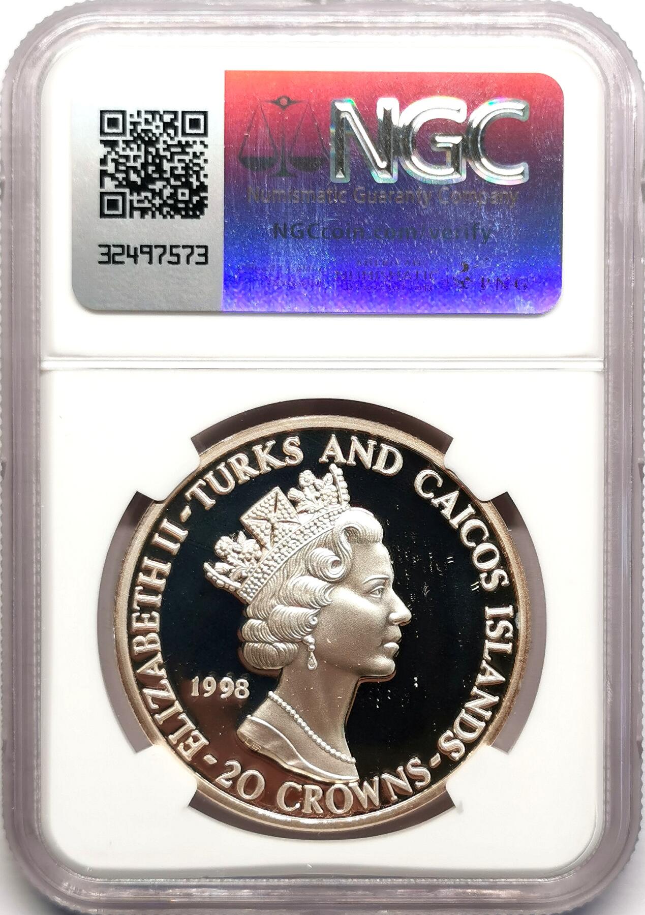 凡希社世界钱币微拍第二百七十八期 1998特克斯群岛王妃戴安娜纪念20克朗大银精铸NGC-PF68UC