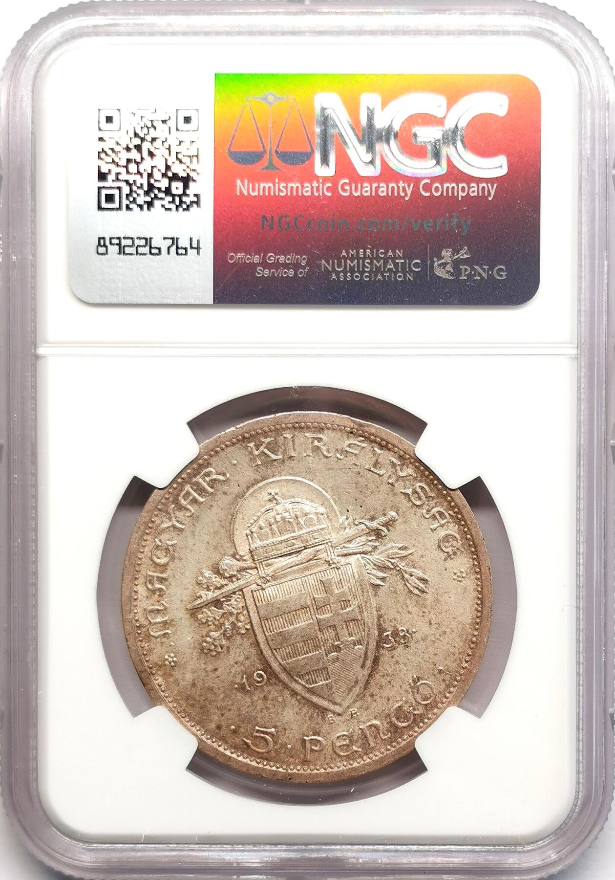 凡希社世界钱币微拍第二百七十八期 1938BP匈牙利圣斯蒂芬5Pengo大银NGC-MS64