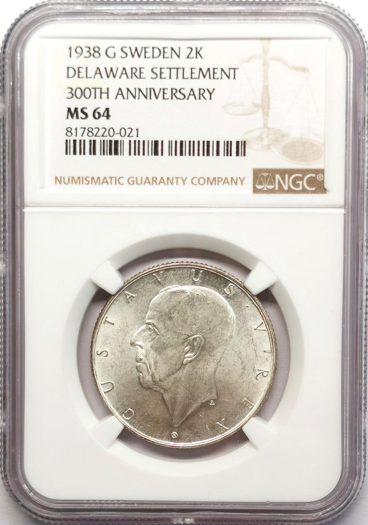 凡希社世界钱币微拍第二百七十八期 1938瑞典特拉华移民三百年纪念2克朗NGC-MS64