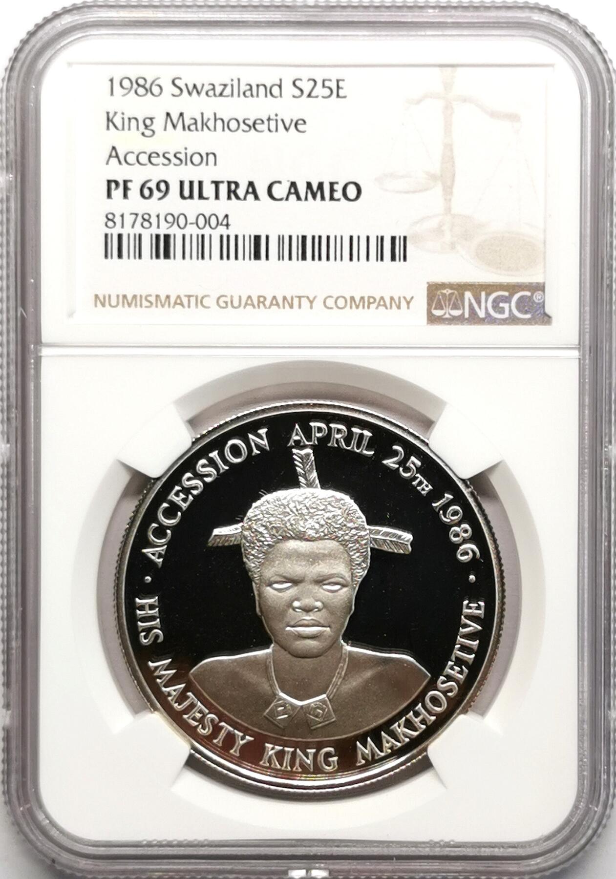 凡希社世界钱币微拍第二百七十八期 1986年斯瓦士兰姆斯瓦蒂三世国王登基精制银币NGC-PF69UC，附原盒原证！