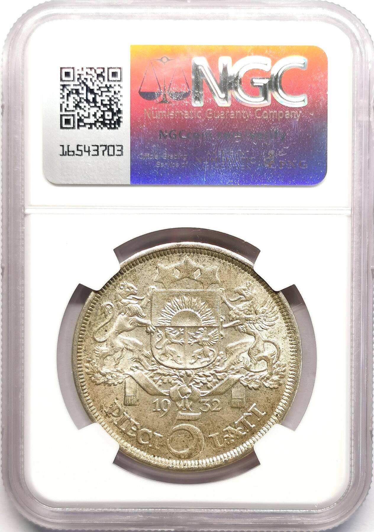 凡希社世界钱币微拍第二百七十八期 1932拉脱维亚民族少女5L大银NGC-MS63