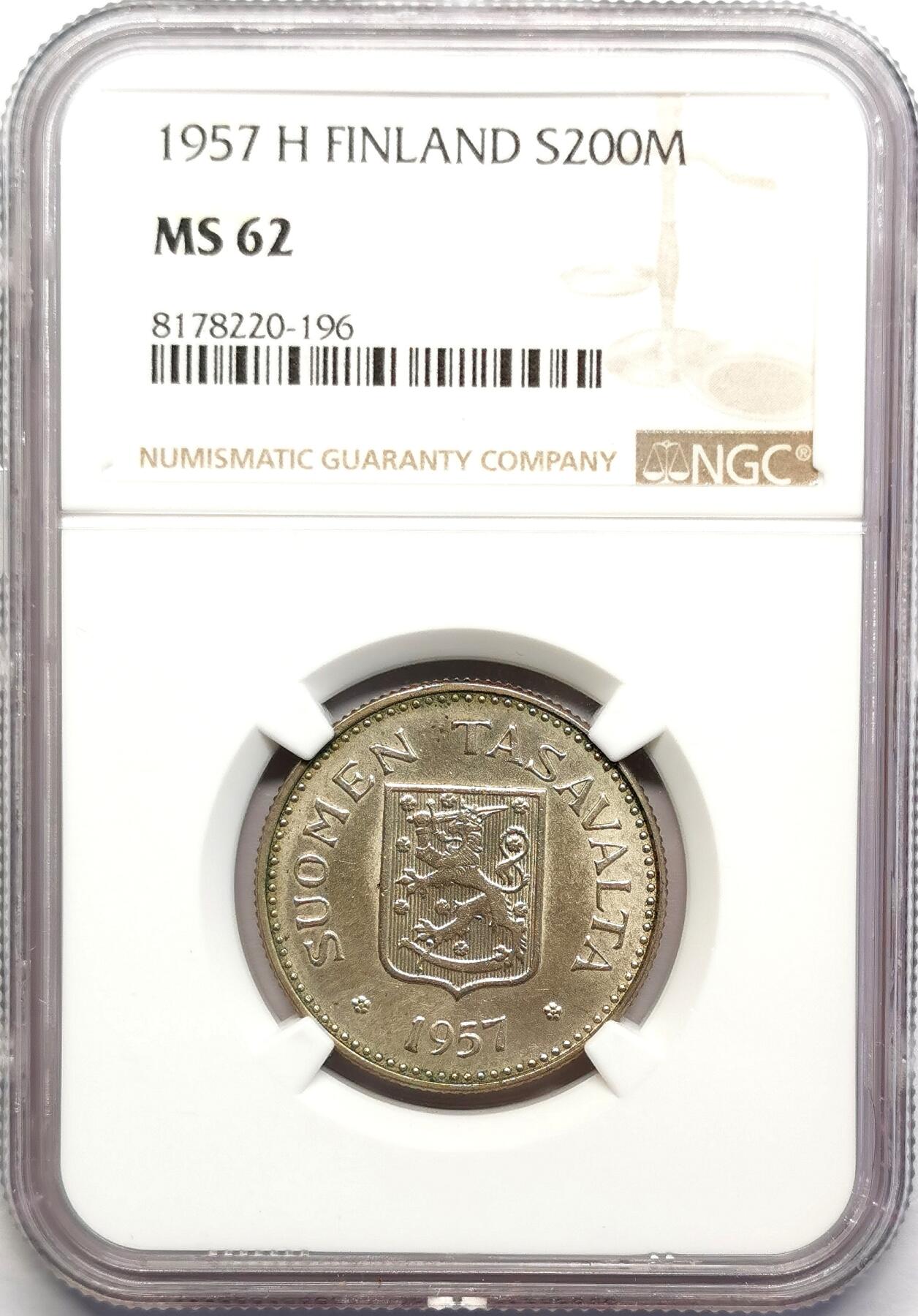 凡希社世界钱币微拍第二百七十八期 1957芬兰200马克银币NGC-MS62