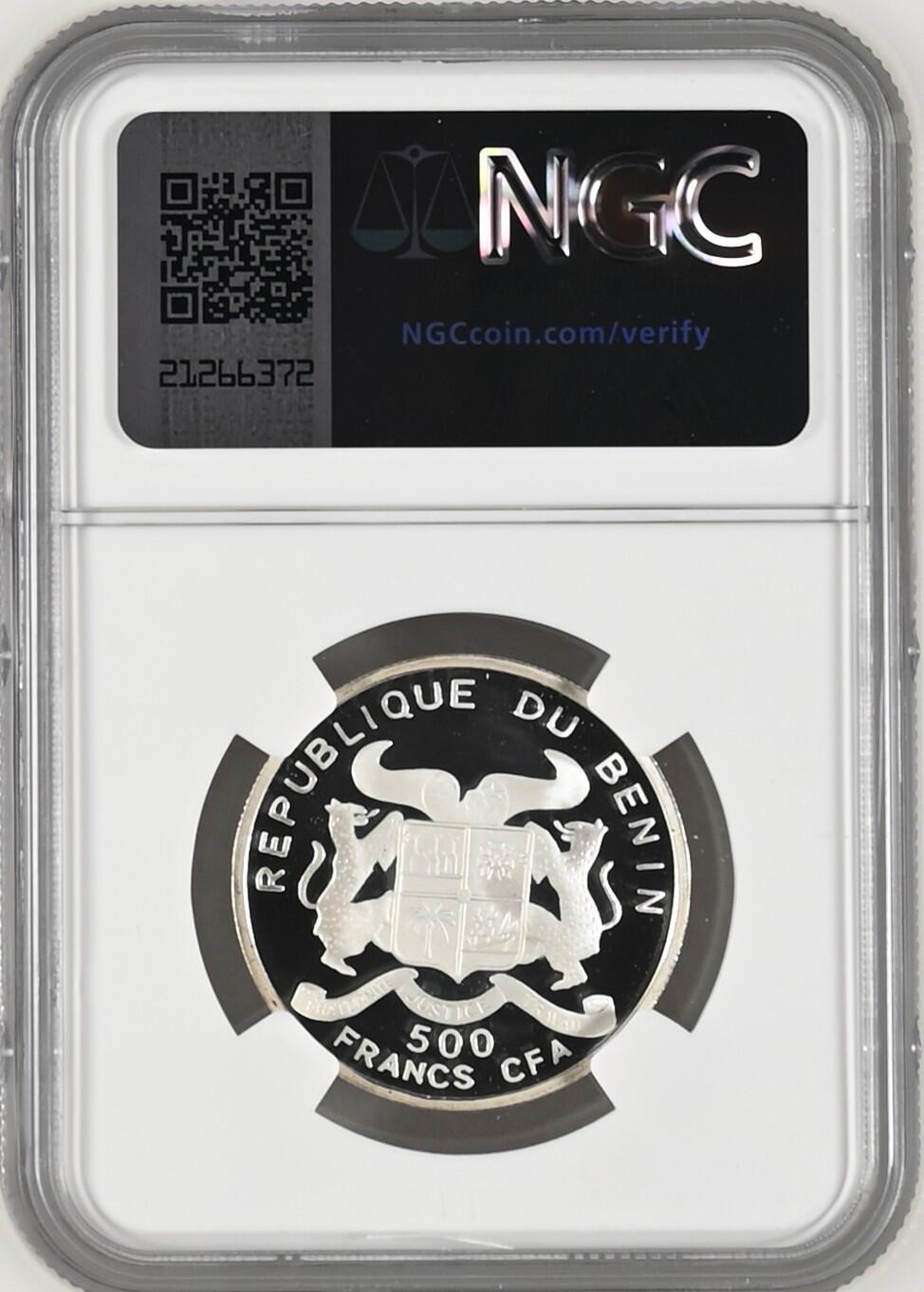 长老汇龙年精选第十三场拍卖 2005 贝宁莫扎特500法郎精制银币，NGC PF69UC，唯一冠军