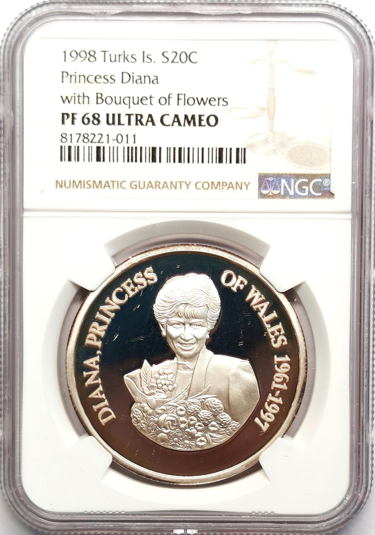 凡希社世界钱币微拍第二百七十八期 1998特克斯群岛王妃戴安娜纪念20克朗大银精铸NGC-PF68UC