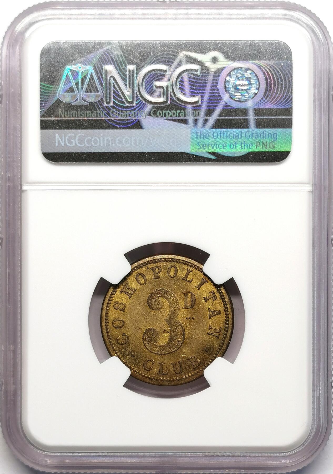 凡希社世界钱币微拍第二百七十八期 1905新西兰旺加努伊毛利人3便士黄铜代用币NGC-MS63