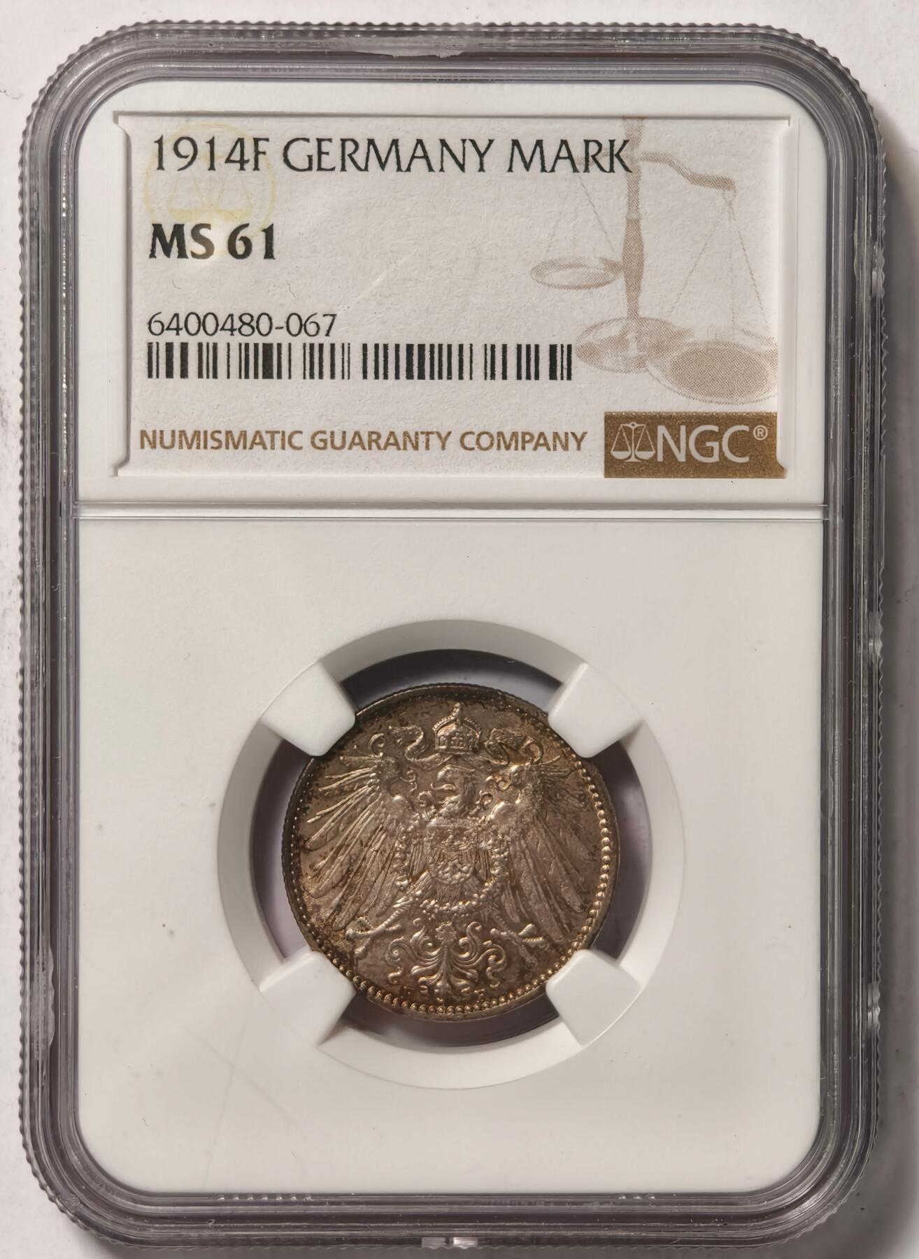紫瑗钱币——第470期 德国 1914年 F版 第二帝国 长翅 1马克 银币 NGC MS61 