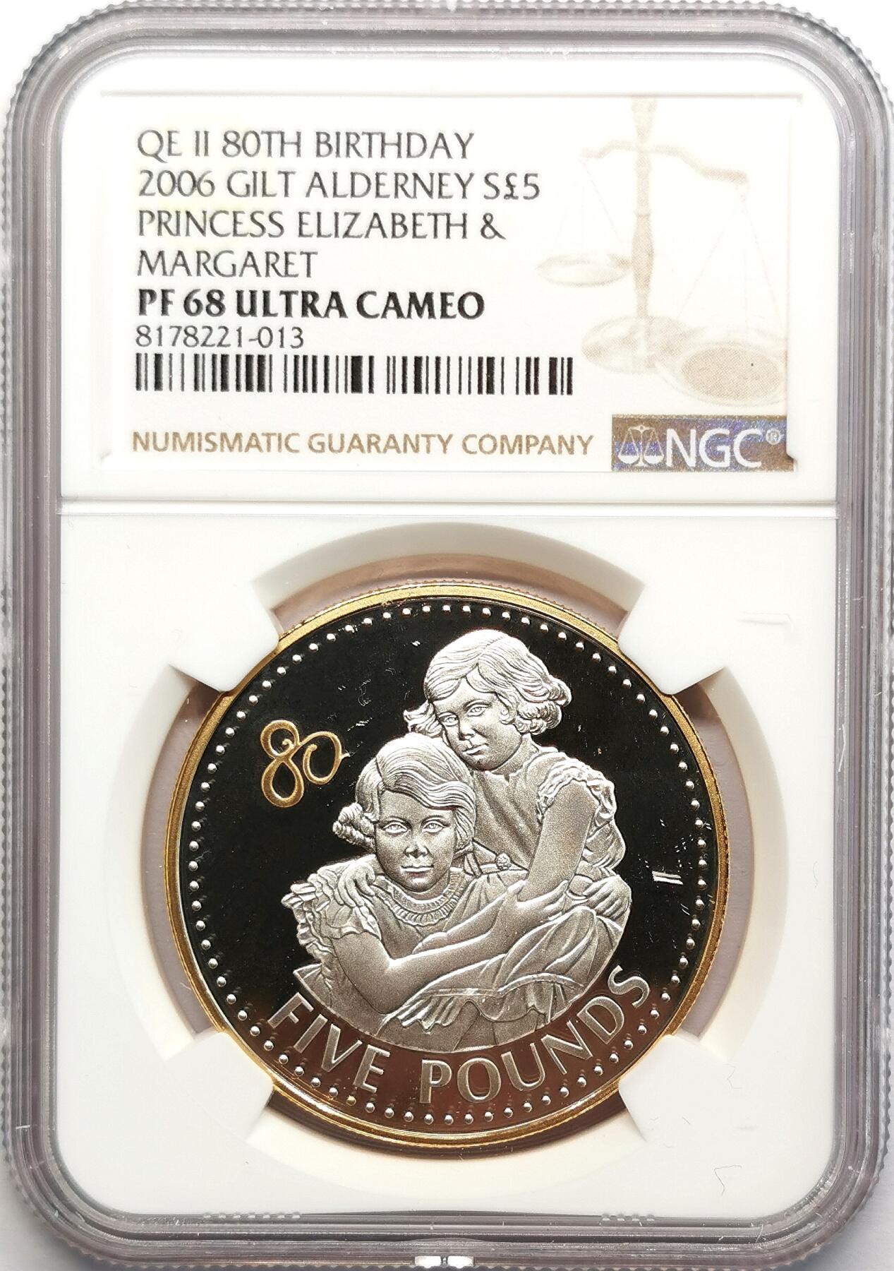 凡希社世界钱币微拍第二百七十八期 2006奥尔德尼伊丽莎白八十寿辰5镑大银精铸NGC-PF68UC