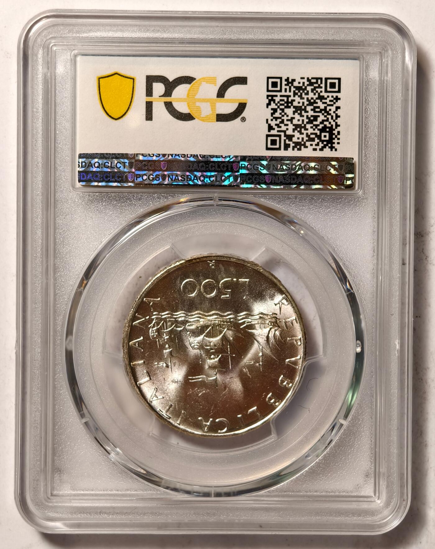 紫瑗钱币——第448期 意大利 1966年 R版 少女与帆船 500里拉 银币 PCGS MS66