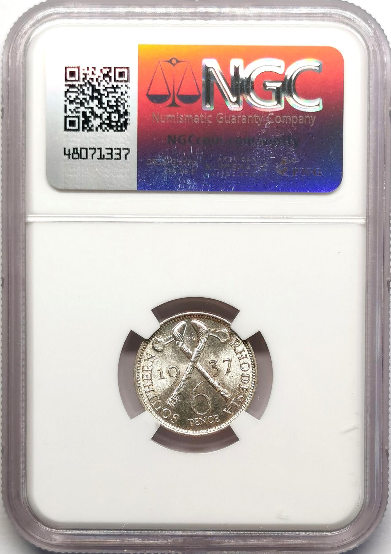 凡希社世界钱币微拍第二百七十八期 1937英属南罗得西亚乔六大头版6便士NGC-MS63