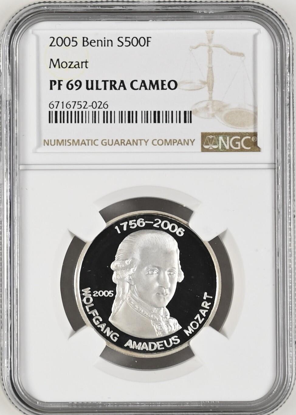 长老汇龙年精选第十三场拍卖 2005 贝宁莫扎特500法郎精制银币，NGC PF69UC，唯一冠军