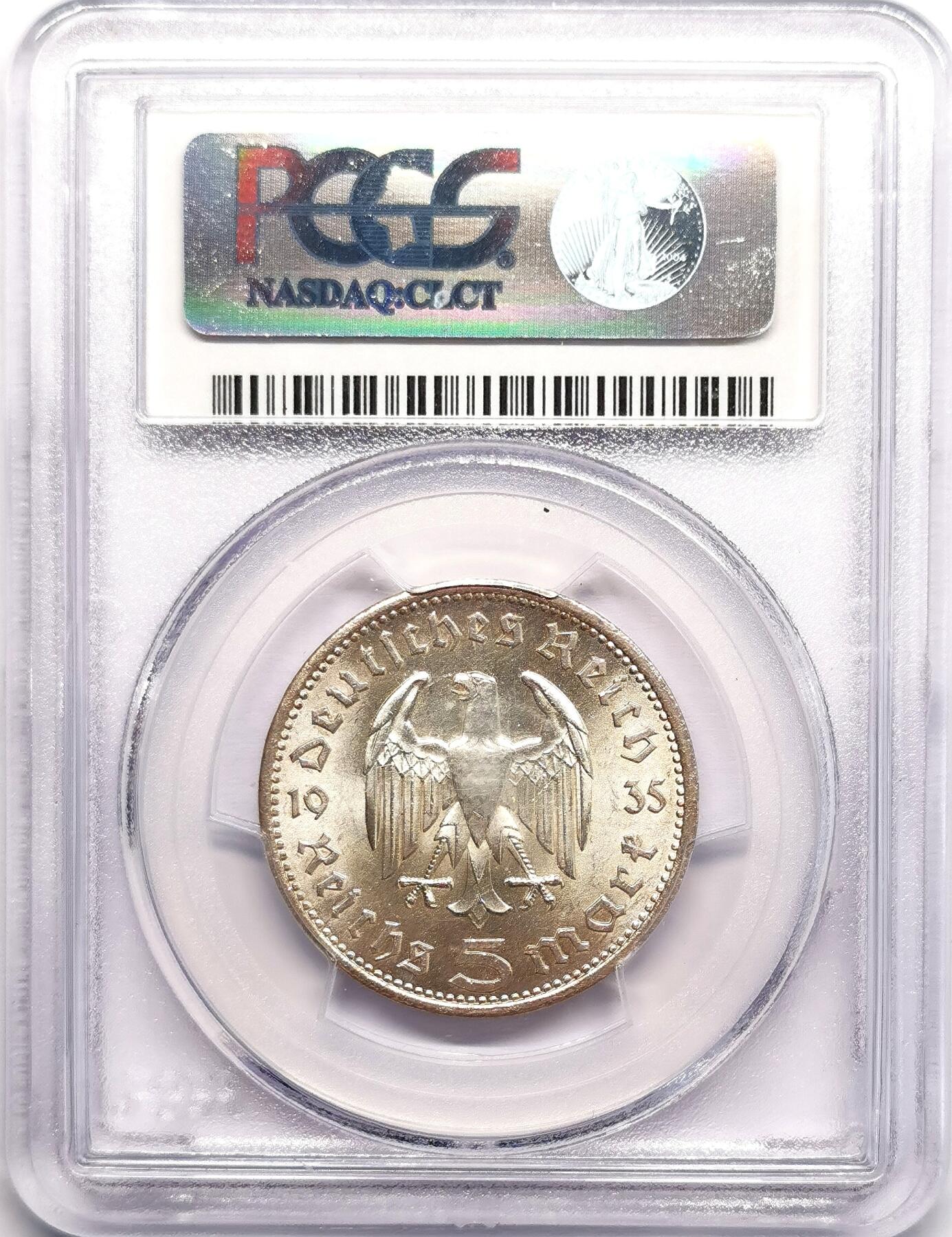 凡希社世界钱币微拍第二百七十八期 1935A德国兴登堡5马克银币PCGS-MS64