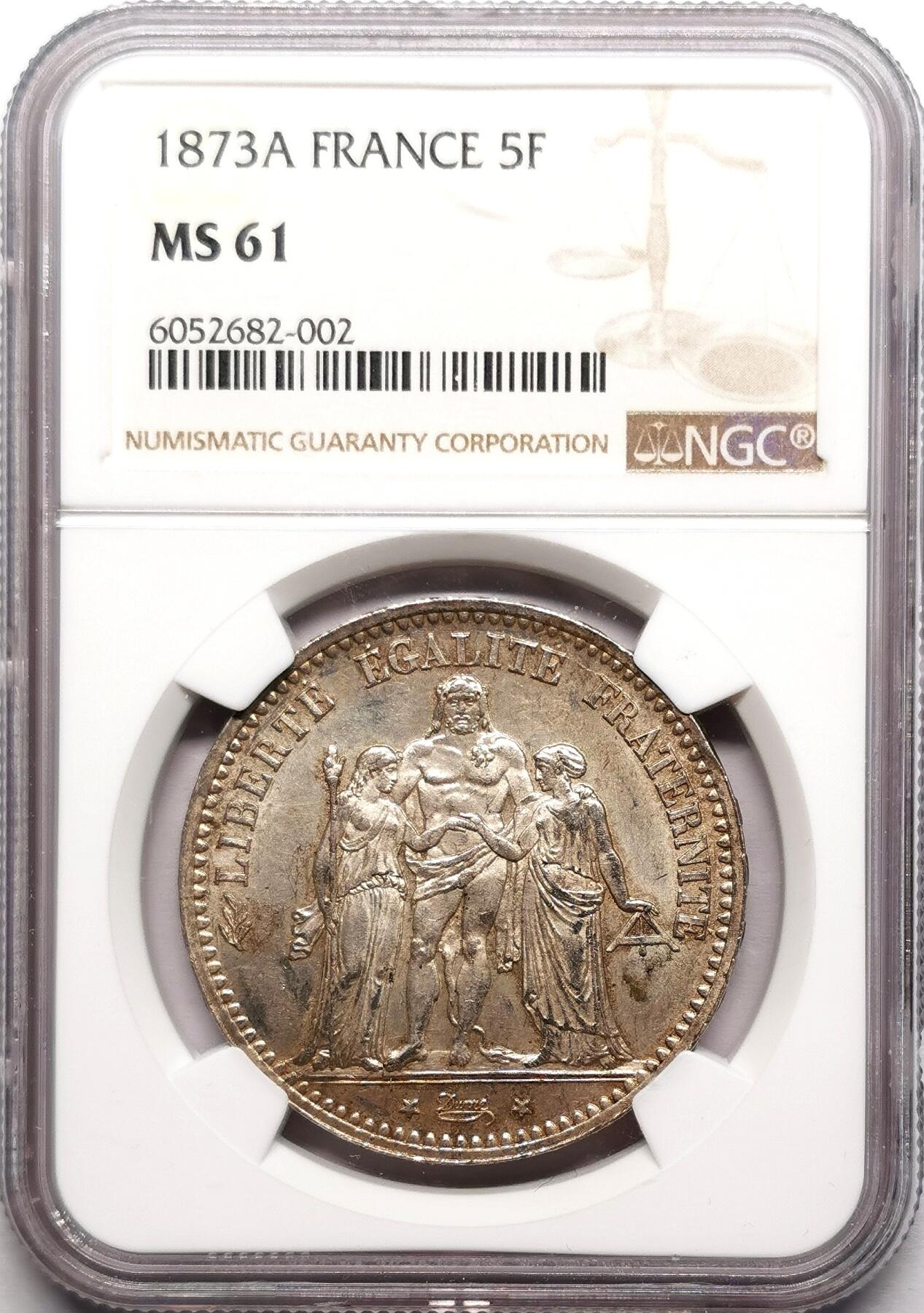凡希社世界钱币微拍第二百七十八期 1873A法国大力神5法郎大银NGC-MS61