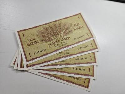 康怡轩钱币【世界纸币专场】第438期  - 芬兰1马克纸币 5连号  A10366351-A10366355